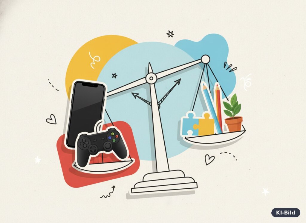 Collage-Illustration: Waage mit Smartphone und Controller auf der einen Seite, Buntstiften, Puzzle und Pflanze auf der anderen – Balance bei der Bildschirmzeit