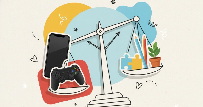 Collage-Illustration: Waage mit Smartphone und Controller auf der einen Seite, Buntstiften, Puzzle und Pflanze auf der anderen – Balance bei der Bildschirmzeit