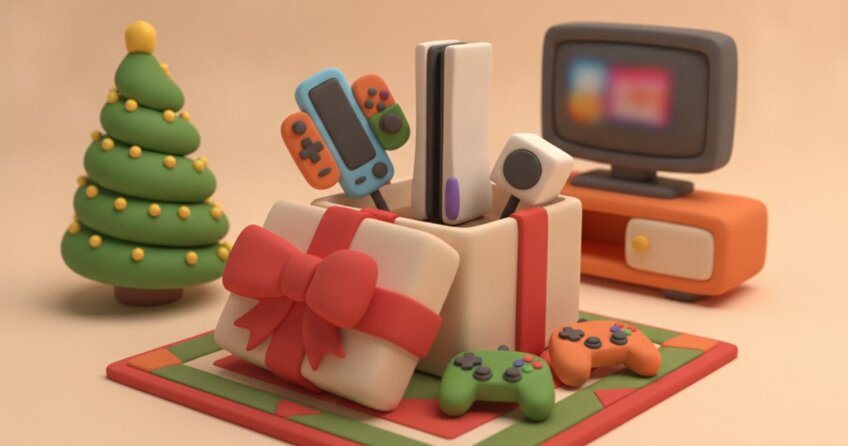 Knet-Diorama: offenes Weihnachtsgeschenk mit drei Spielkonsolen und Controllern, daneben Weihnachtsbaum und Fernseher