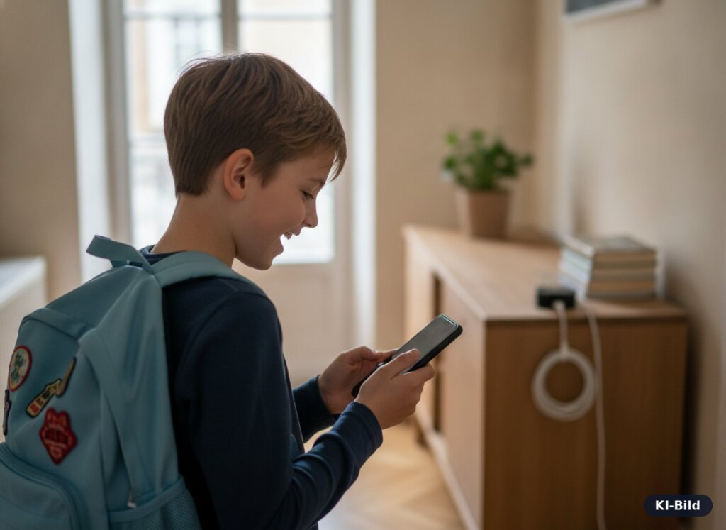 Junge mit Schulranzen schaut freudig auf sein erstes Smartphone