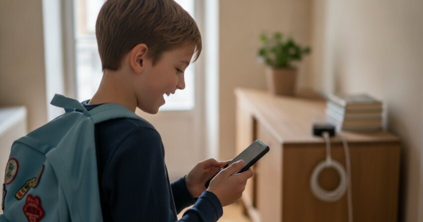Junge mit Schulranzen schaut freudig auf sein erstes Smartphone