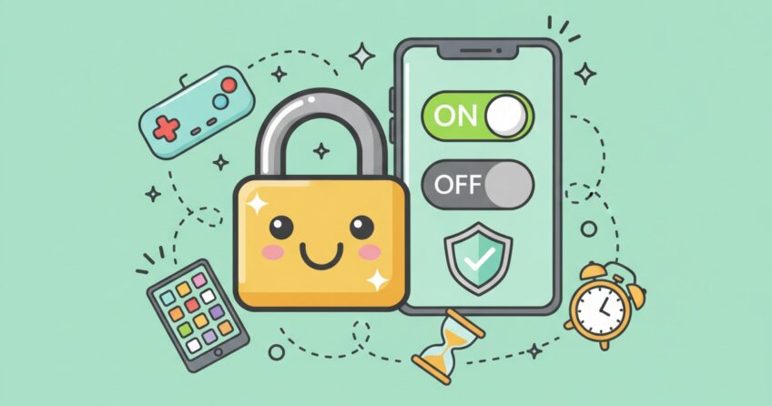 Illustration: lächelndes Vorhängeschloss vor einem Smartphone mit Ein/Aus-Schaltern, umgeben von Konsole, Tablet, Sanduhr und Wecker