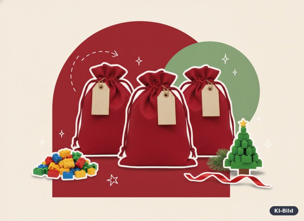 Collage: rote Stoffsäckchen mit Holzanhängern, bunte Bausteine und ein kleiner Weihnachtsbaum aus Steinen – selbst gemachter LEGO-Adventskalender