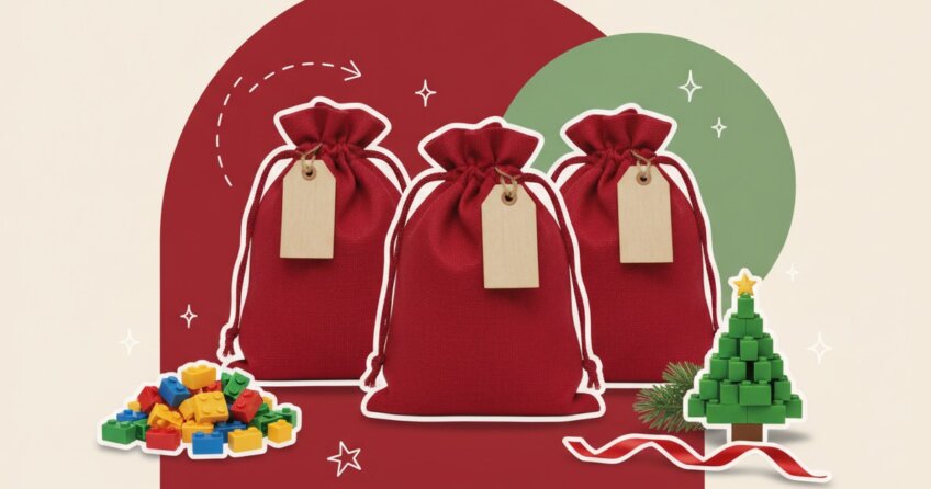 Collage: rote Stoffsäckchen mit Holzanhängern, bunte Bausteine und ein kleiner Weihnachtsbaum aus Steinen – selbst gemachter LEGO-Adventskalender