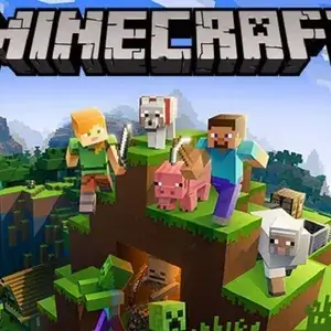 Minecraft-Figuren Steve und Alex mit Tieren auf einem Hügel – Minecraft-Fanartikel für Kinder