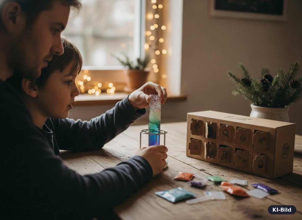 Kind macht mit Papa ein Experiment aus einem Technik-Adventskalender am Küchentisch