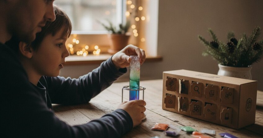Kind macht mit Papa ein Experiment aus einem Technik-Adventskalender am Küchentisch